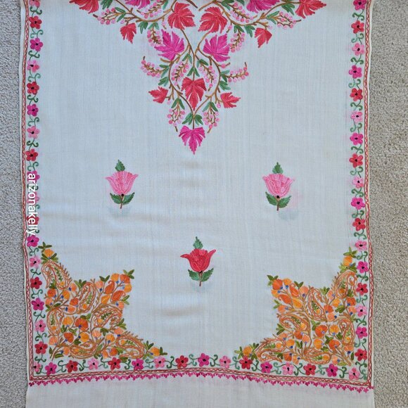 Wool Scarf with Chain Stitch Embroidery Shawl Wrap Floral - Picture 2 of 15